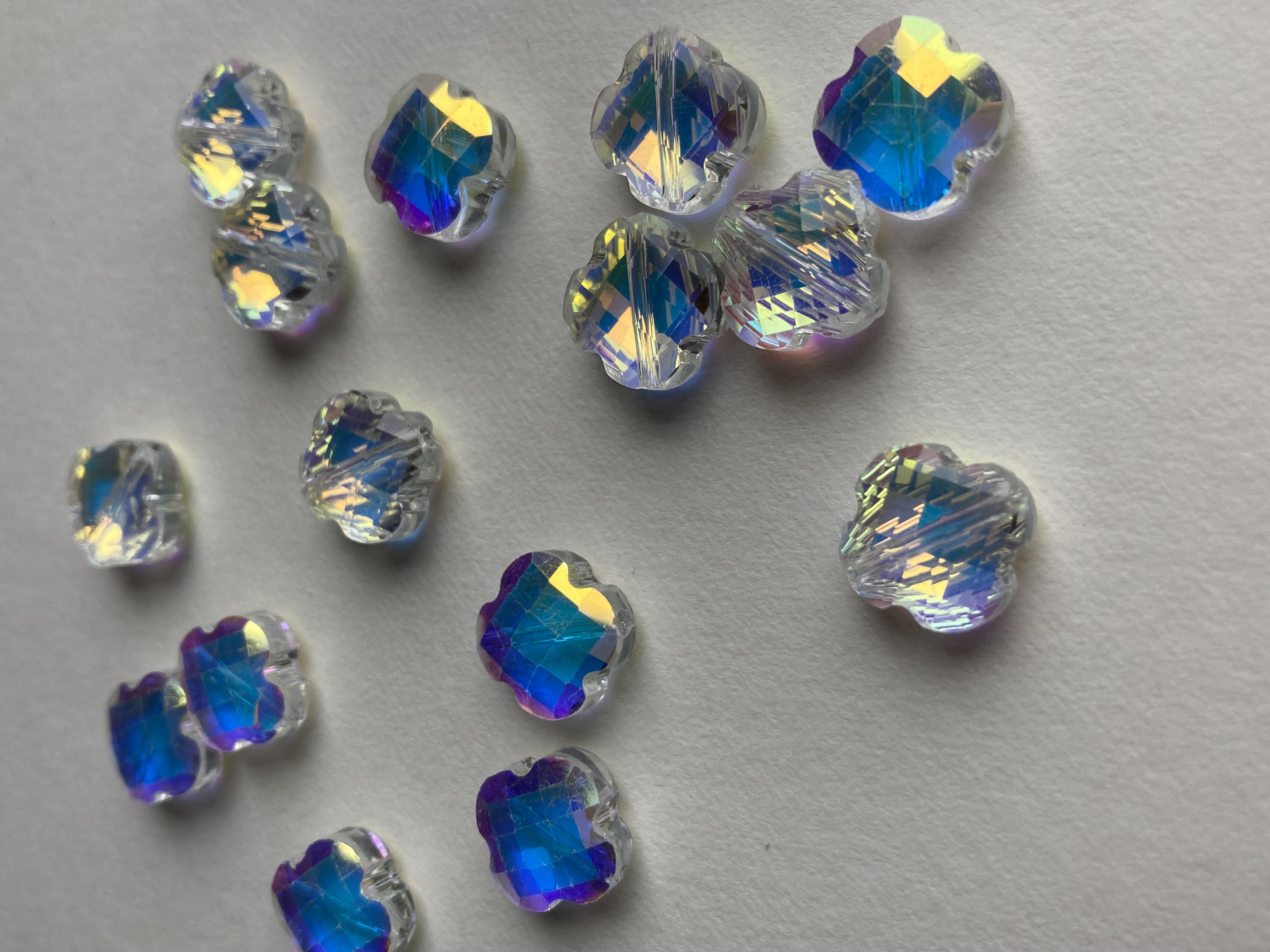 Glass AB Coated Faceted Clover 12mm Beads